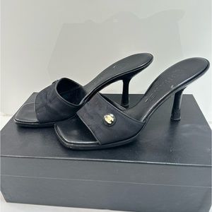 CHANEL CC Logo Fabric Heels Mules Sz. 6
